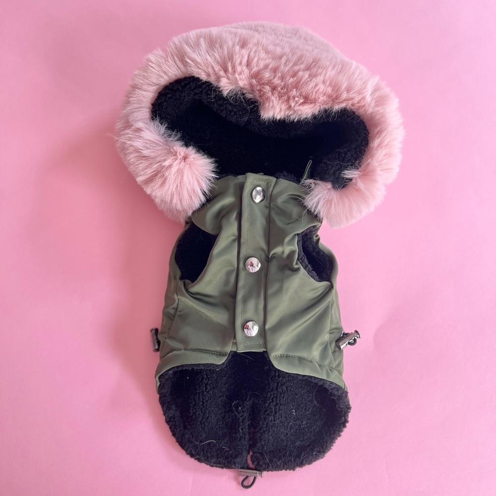 Dog Coat with Pink Fur Hood - Size Small -NWOT